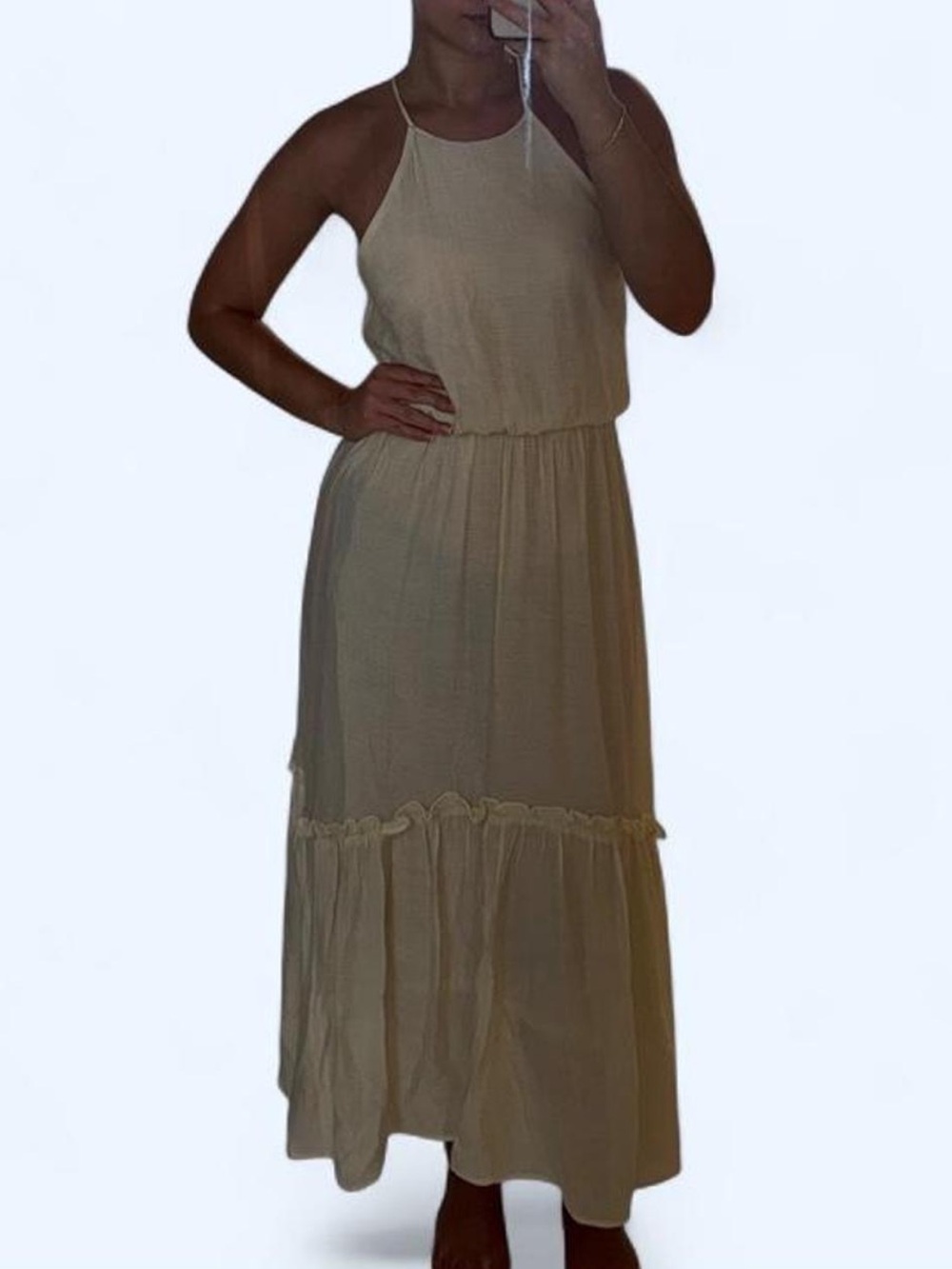 All in Favor Beige Halter Ruffle-Tier Maxi Dress